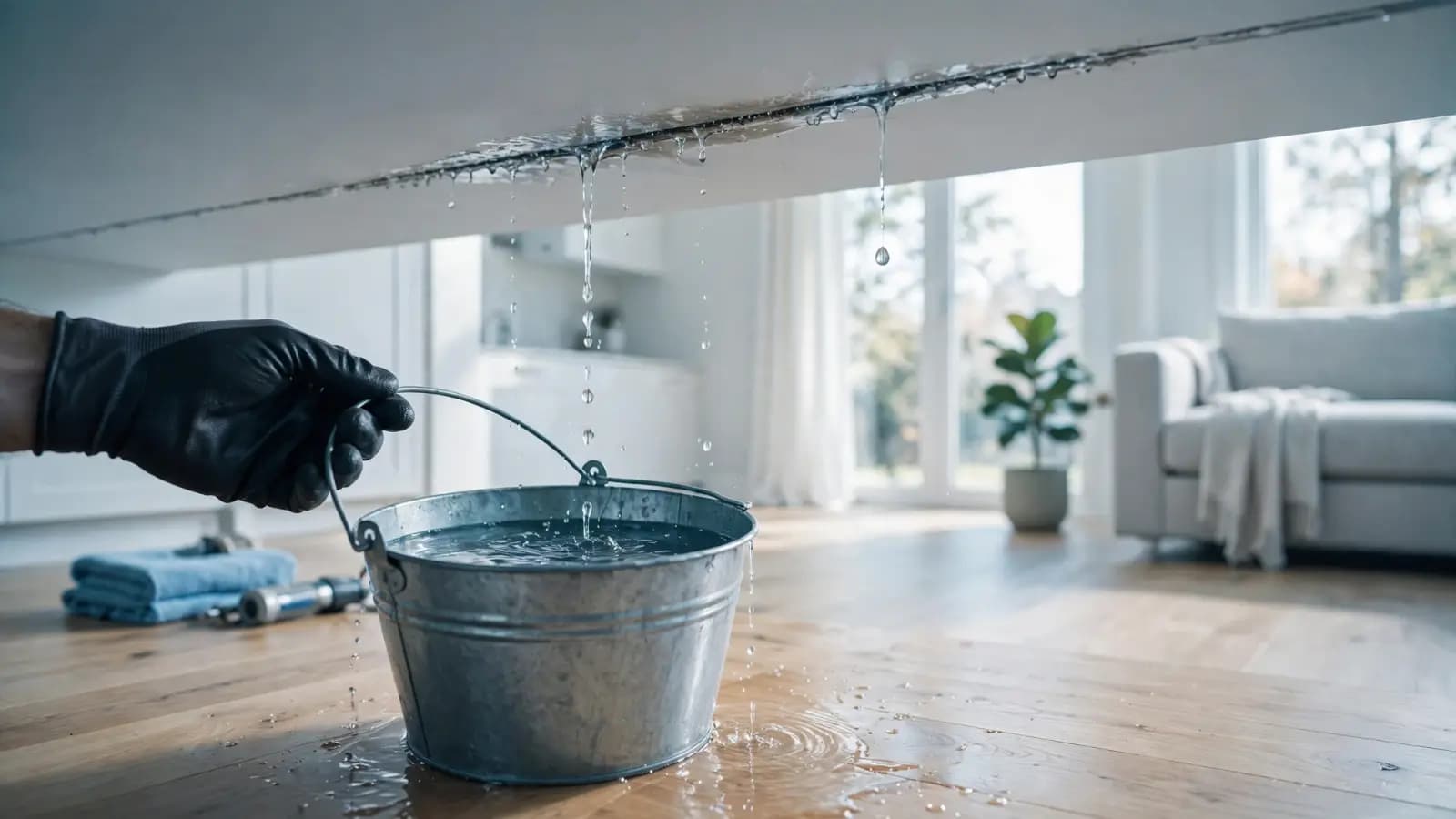 Water dripping from a ceiling seam into a bucket on a wood floor