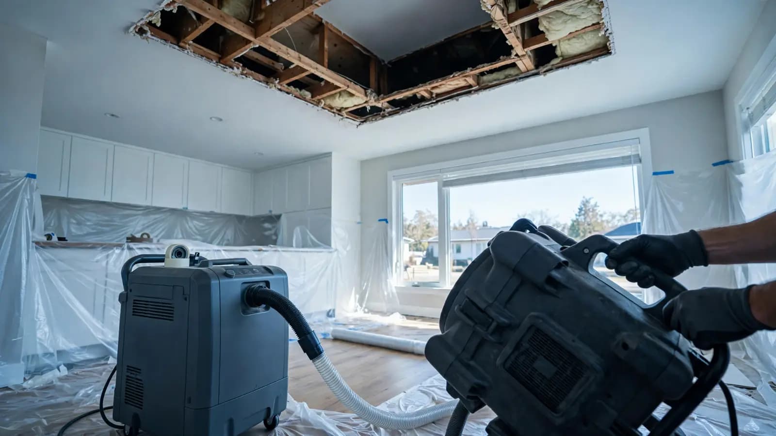 Dehumidifier and air mover drying a room with an opened ceiling