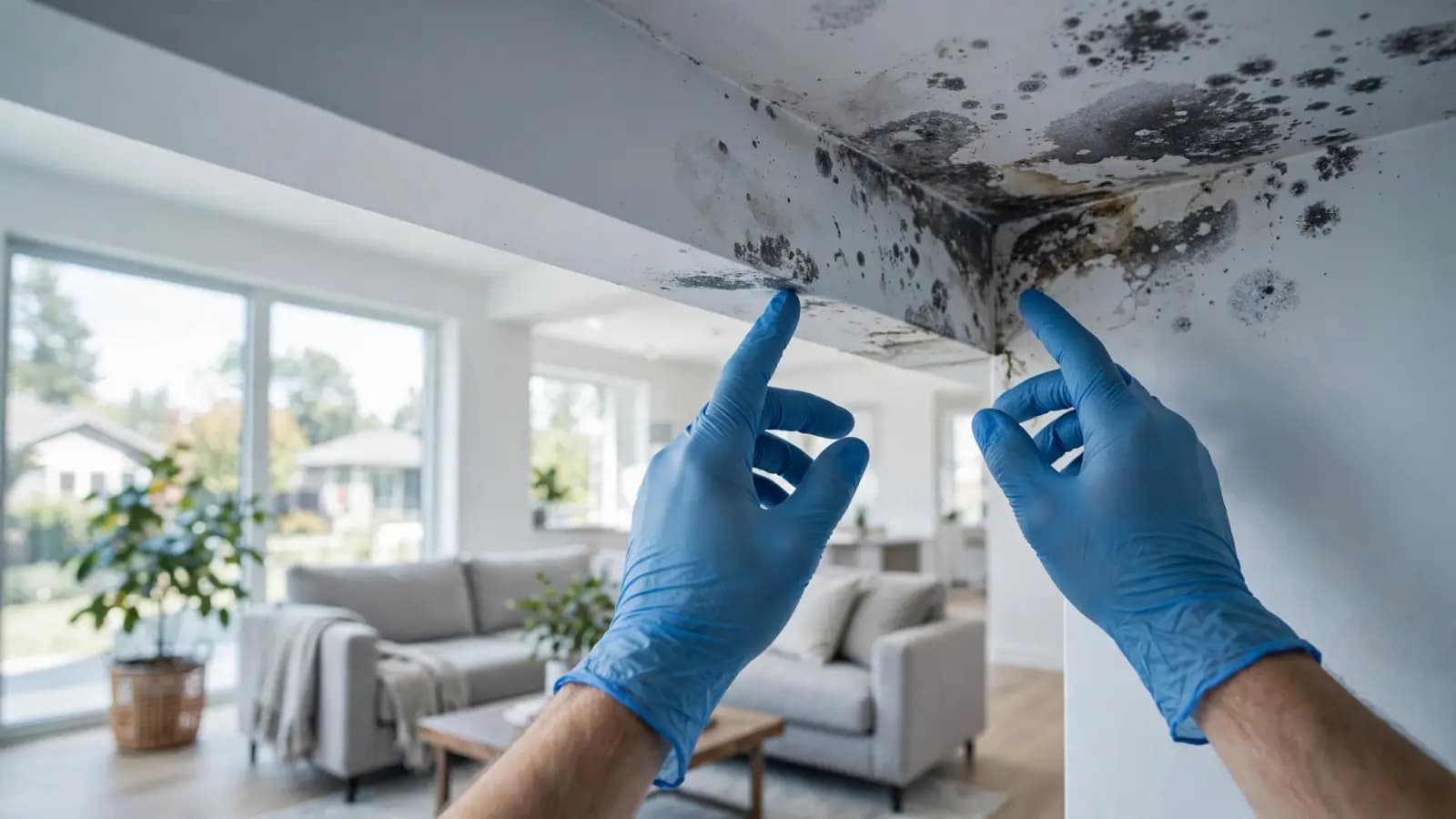 Dark mold spotting on the corner of a water-damaged ceiling